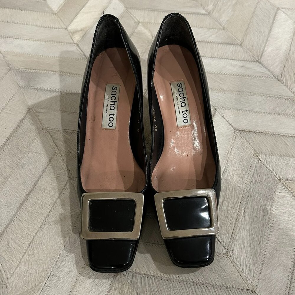 Sascha Too Black Patent Leather Kitten Heels with Buckle